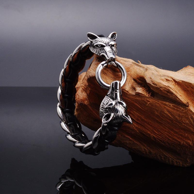 Fanduco Bracelets Twin Wolves Leather Chain Bracelet