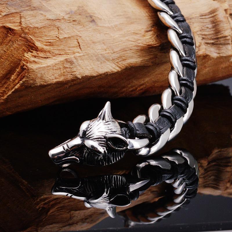 Fanduco Bracelets Twin Wolves Leather Chain Bracelet