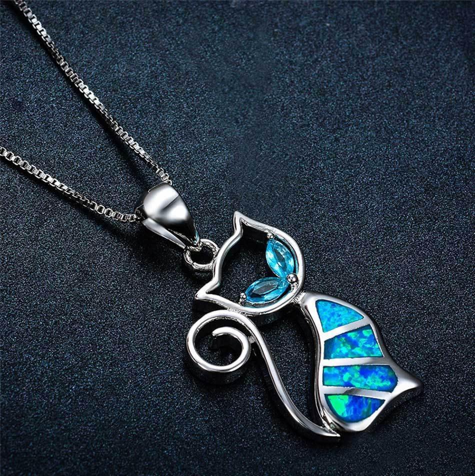 Fanduco Necklaces Blue Fire Cat Sterling Silver Necklace