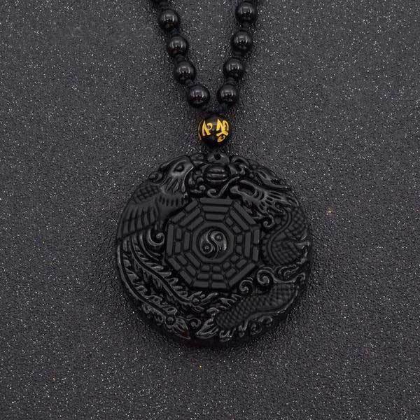 Fanduco Necklaces Hand Carved Dragon Phoenix Obsidian Necklace