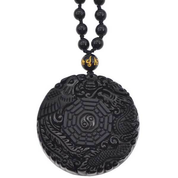 Fanduco Necklaces Hand Carved Dragon Phoenix Obsidian Necklace