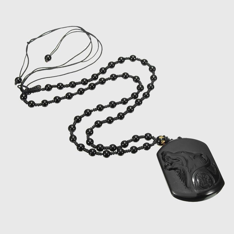 Carved Black Obsidian Wolf Necklace - Wyvern's Hoard