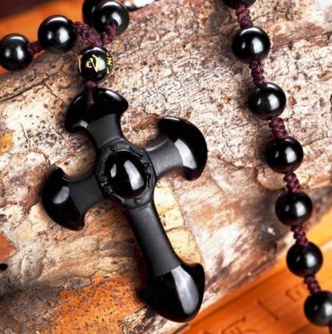 Carved Obsidian Cross Necklace - Wyvern's Hoard
