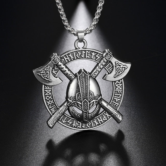 Battle-Worn Viking Battleaxes & Helmet with Runes Necklace