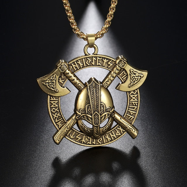Battle-Worn Viking Battleaxes & Helmet with Runes Necklace